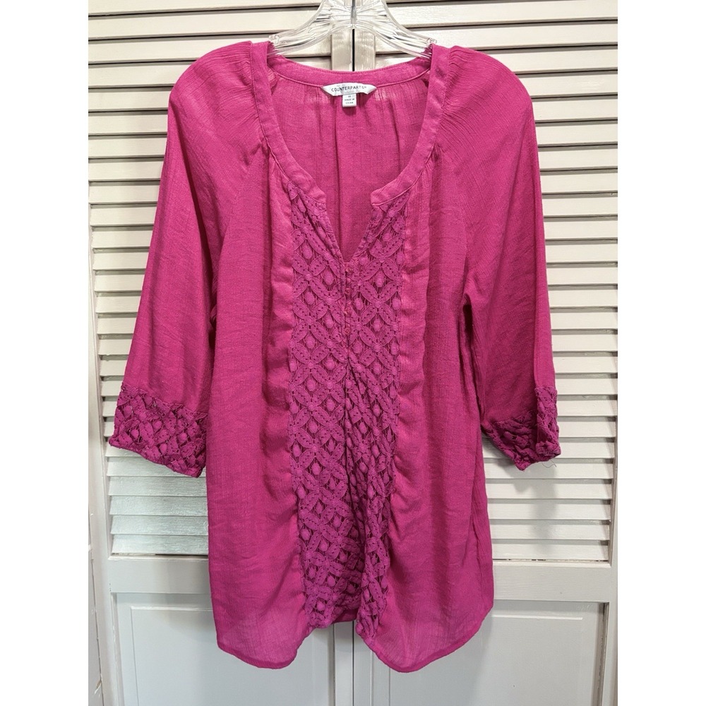 Counterparts‎ Pink Lace Detail 3/4  Sleeve Buttons Blouse Size 1X
